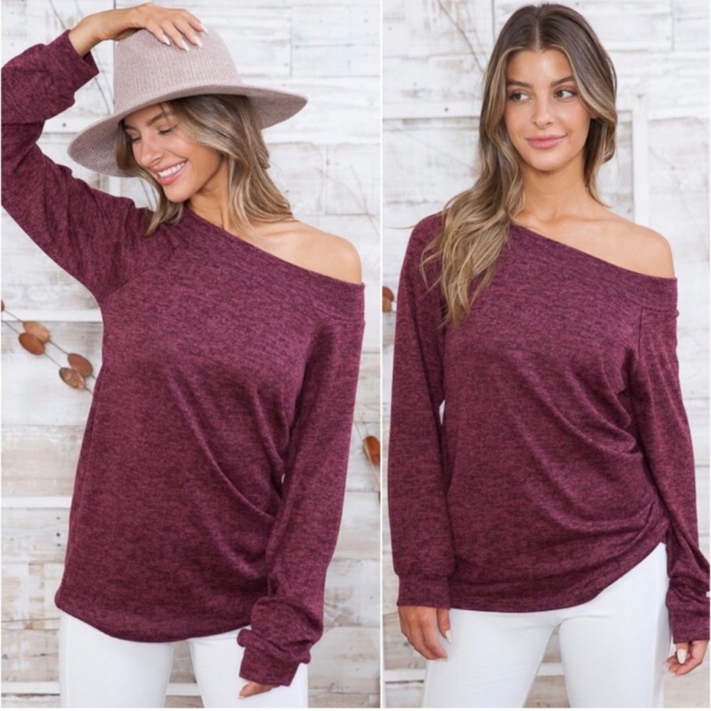 USA made burgundy ultra soft off shoulder women’s comfy everyday top